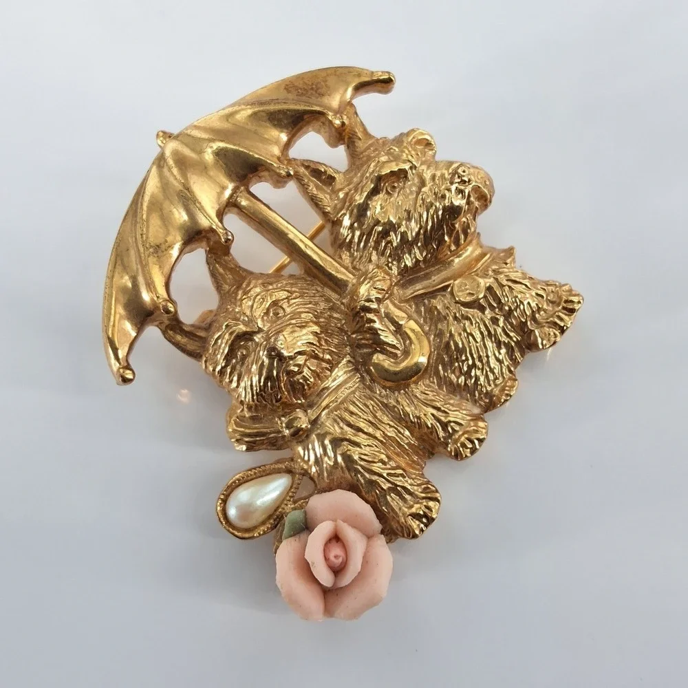 1928 Jewelry Yorkies in Rain Gold Tone Brooch Pink Porcelain Rose Faux Pearl